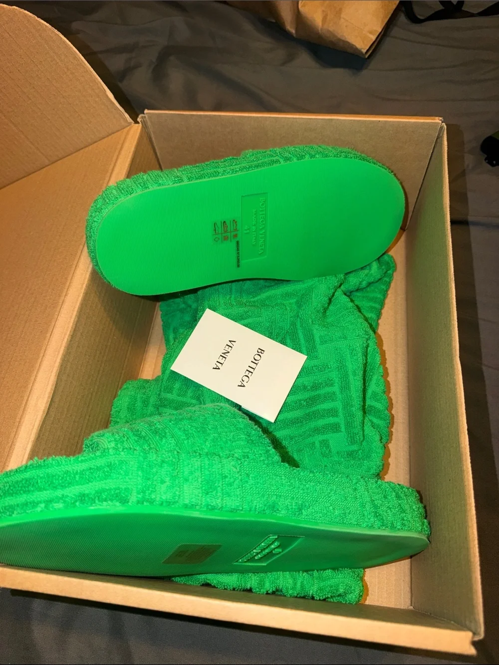 Bottega Veneta Men’s Bright Green Terrycloth Slippers